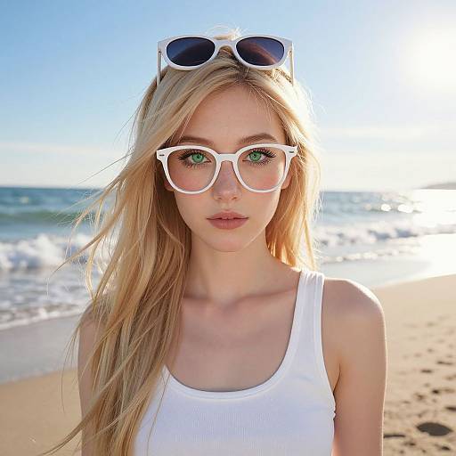 Photograph of a blonde woman with green eyes, wearing white cat-eye sunglasses, white tank top, standing on a sunny beach with ocean waves in the