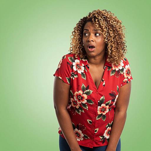 Surprised Plus-Sized African American Woman in Red Floral Shirt