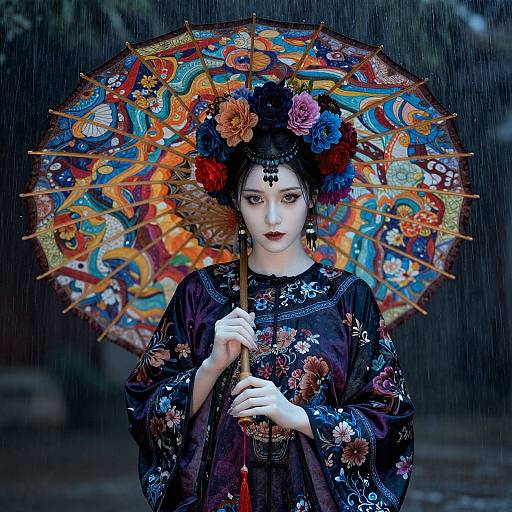 Photograph of a pale-skinned Japanese woman with dark hair in an elaborate updo, wearing a floral kimono, holding a vibrant, colorful traditional