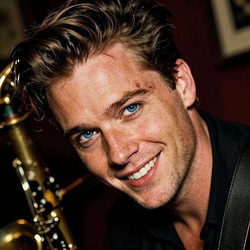 Close-up photograph of a smiling, blue-eyed, Caucasian man with tousled brown hair and a black shirt, with a brass saxophone in the blurred