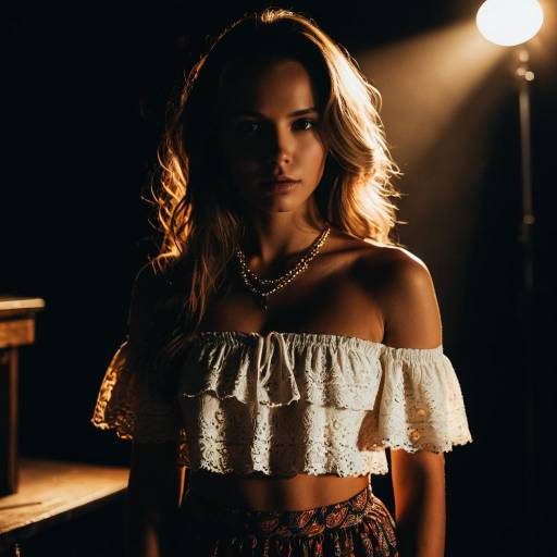 Portrait of Woman in Ivory Lace Off-Shoulder Top