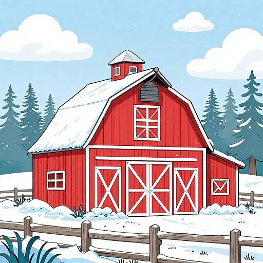 Digital illustration of a red barn with white trim, snow-covered roof, and double doors, set against a blue sky with white clouds and pine trees in