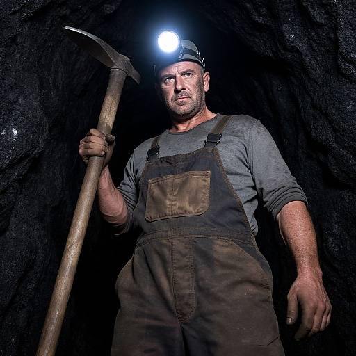 Photograph of a rugged, bearded man in dark overalls and helmet, holding a pickaxe, illuminated by a headlamp in a dark,