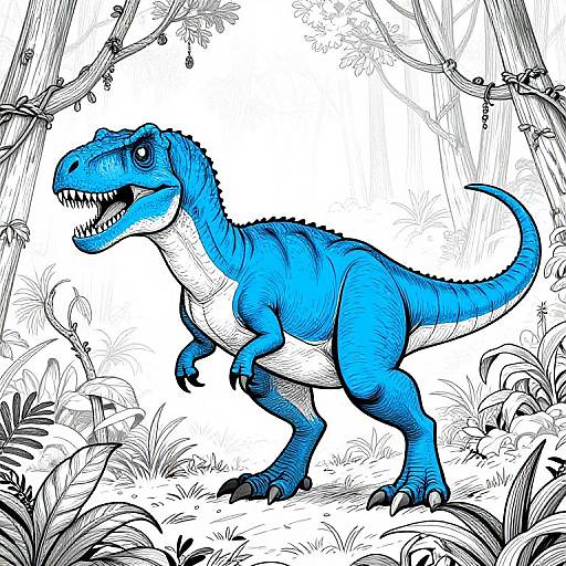 Colorful blue dinosaur with sharp teeth and black claws stands in detailed black-and-white forest scene in digital illustration style.