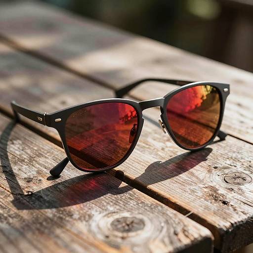 Red Mirror Sunglasses on Weathered Wood