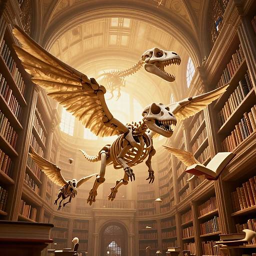 Photorealistic digital artwork of skeletal winged dinosaur skeleton flying over grand, sunlit library with tall bookshelves and arched ceilings.