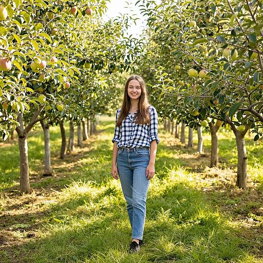 Young woman with long brown hair, wearing a black-and-white checkered shirt and blue jeans, walks through a sunlit apple orchard.