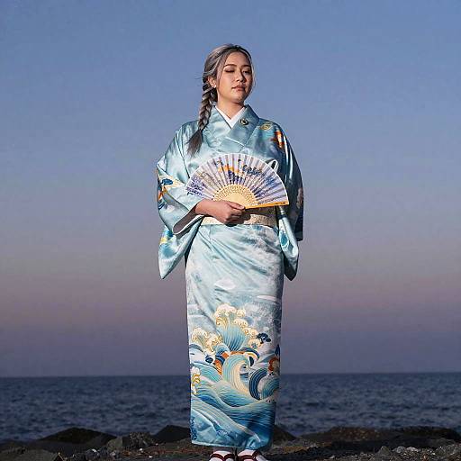 Statuesque Figure in Oceanic Kimono