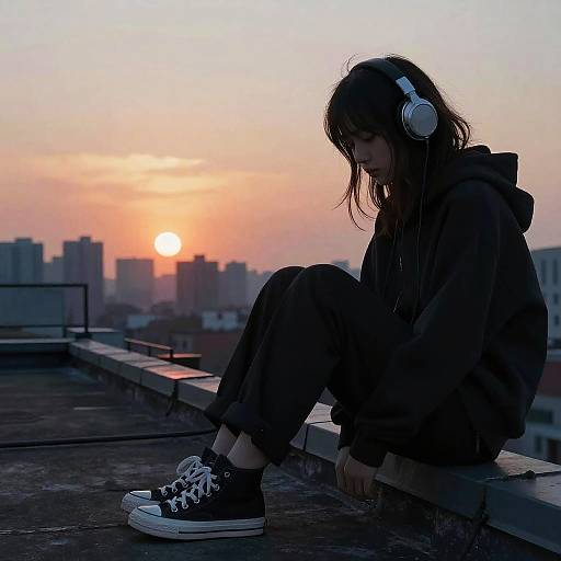 Silhouetted young woman with headphones, hooded sweatshirt, and black sneakers, sitting on rooftop at sunset, city skyline in background.