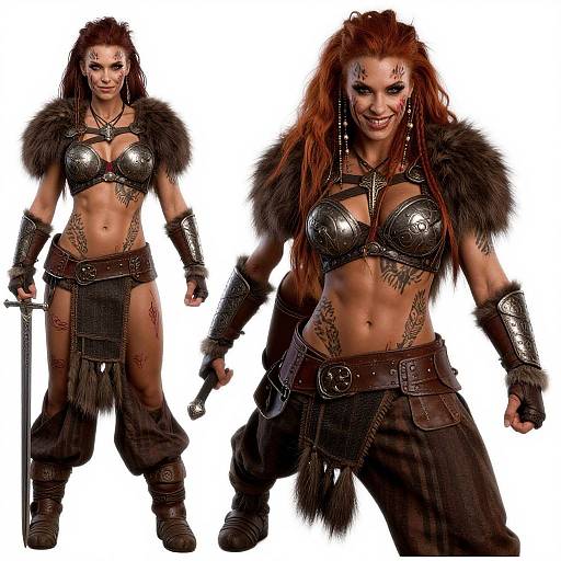 Digital artwork of a muscular, tattooed, red-haired warrior woman with fur armor, metal breastplates, and brown leather pants, holding a sword.