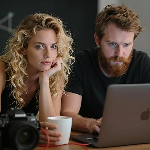Two People Collaborating with Camera and Laptop