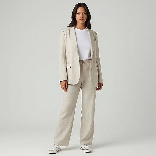 Photograph of a confident woman with dark hair, wearing a cream blazer, white shirt, high-waisted cream pants, and white sneakers,