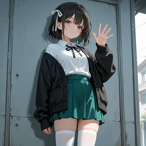 Stylish Girl in Green Skirt and Cardigan