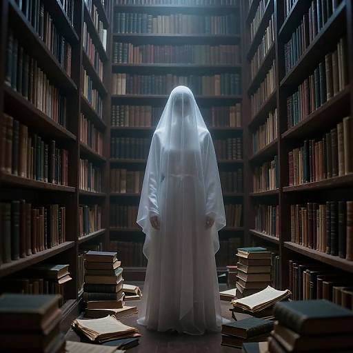 Photograph of a ghostly figure in a white, flowing sheet standing in a dimly lit, narrow library aisle with tall bookshelves and scattered