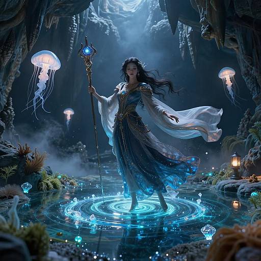 Moonlit Bioluminescent Tidepool Sorceress Scene