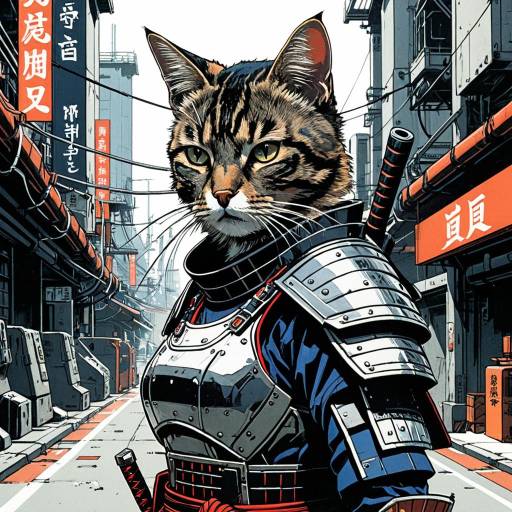 Stoic Female Samurai Cat in Cyberpunk City