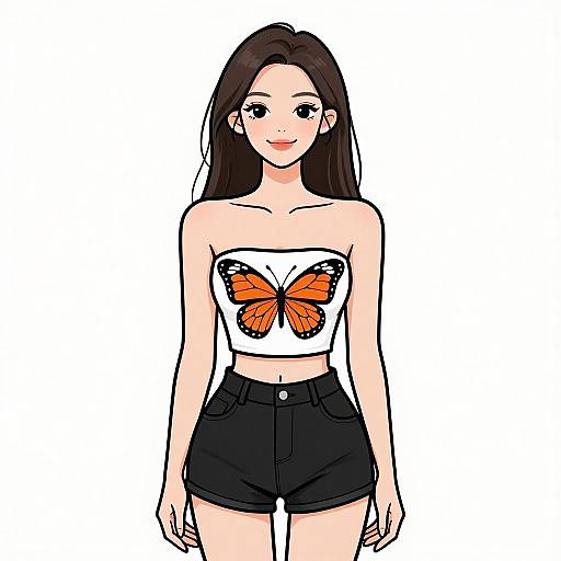 Digital drawing of a young woman with long black hair, wearing a white strapless top with an orange butterfly design and black high-waisted shorts,