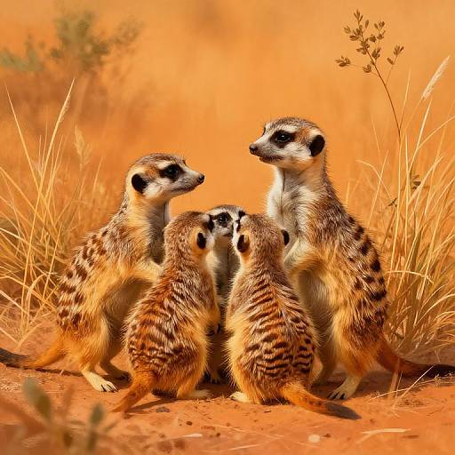 Photograph of four meerkats with striped fur and black markings, sitting closely together in a vibrant, orange desert landscape with dry grass.