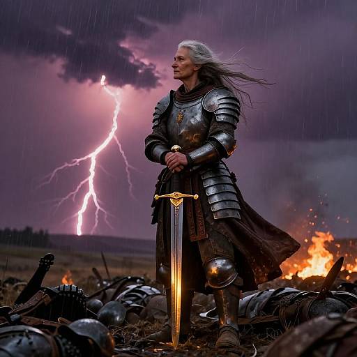 Epic photograph of a white-haired, armored warrior standing with a glowing sword amidst a battlefield, lightning illuminating a stormy sky, and a burning