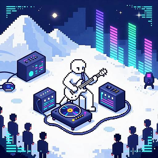 Pixel art of a DJ booth with four black mixers, colorful lights, and a DJ spinning records, surrounded by a neon cityscape.