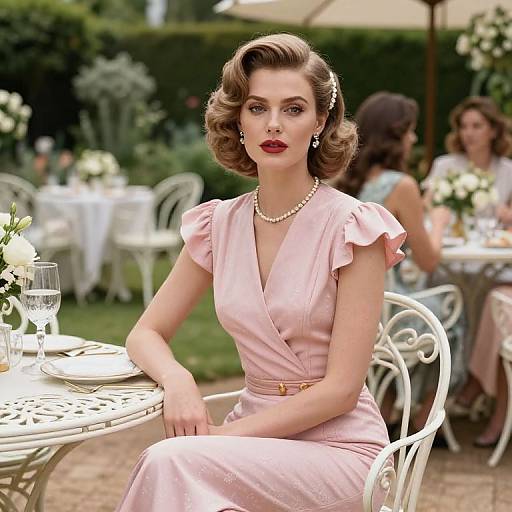 Photograph of a 1940s-style woman with vintage curled brown hair, pink dress, pearl necklace, and red lipstick, seated at an outdoor