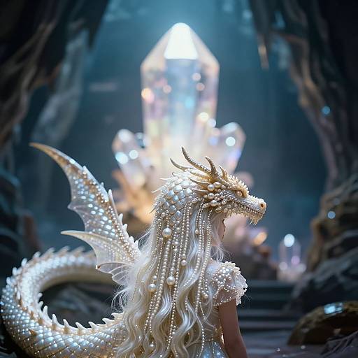 Photograph of a majestic, white pearl-covered dragon with golden horns, facing a glowing crystal tower in a mystical, dark cavern.