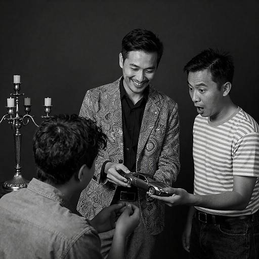 Three Men with Model Car in B&W