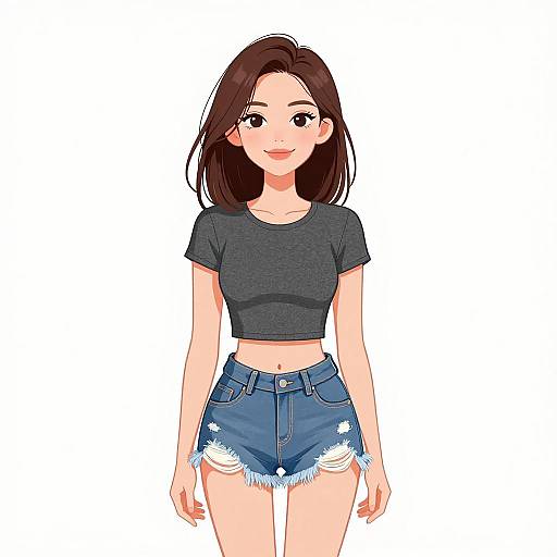 Digital anime-style drawing of a smiling young woman with straight brown hair, wearing a black cropped t-shirt and frayed blue denim shorts.