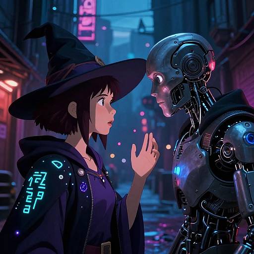 Digital art: Anime-style girl in witch hat and black cloak faces glowing-eyed, cybernetic robot in neon-lit, futuristic alley.