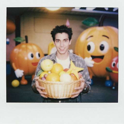 Photograph of a smiling young man with dark hair, holding a basket of yellow apples, surrounded by cartoonish pumpkin decorations.