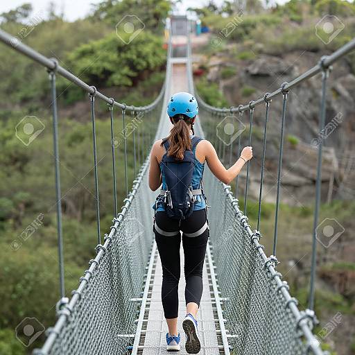 Photograph of a woman in a blue helmet, black tank top, and black pants, crossing a suspended rope bridge in a lush, green, mountain