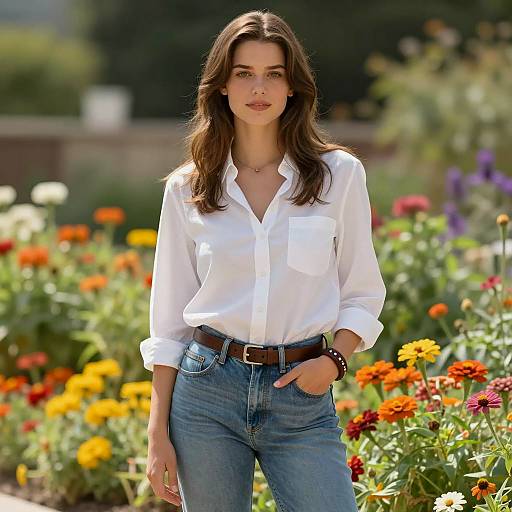 Young Woman in Casual Outfit Standing in Flower Garden