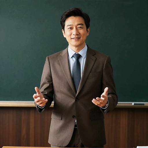 Professional Man Gesturing in Front of Chalkboard