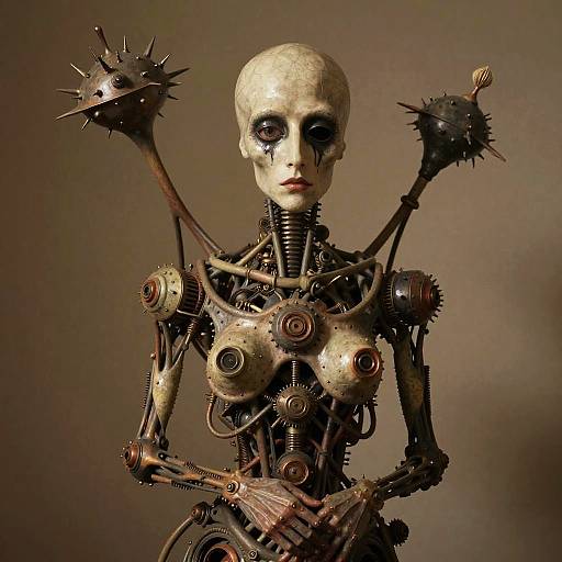 Photograph of a steampunk-style humanoid robot with a pale skull head, dark eye sockets, mechanical arms, and spiked clubs, against a muted