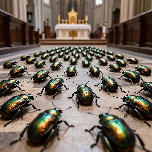 Photograph of iridescent, metallic beetles covering a church floor, with a blurred altar and pews in the background.