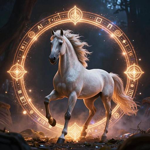 Digital art of a majestic white horse galloping in a mystical forest, surrounded by a glowing, circular, magical symbol.