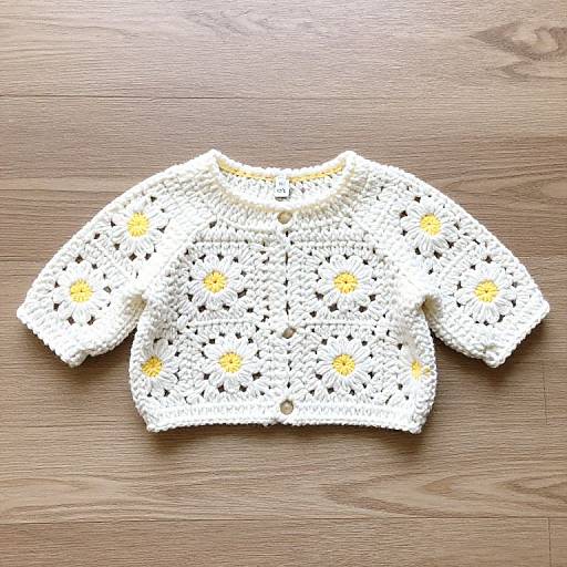 Photograph of a white crocheted baby shirt with yellow daisy patterns, laying on a wooden floor. Simple, handmade, cozy design.