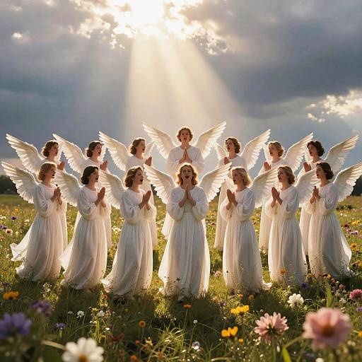 Photograph of 16 angelic women with white wings and flowing white gowns, hands clasped in prayer, standing in a sunlit meadow