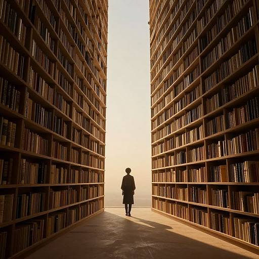 Photograph: Silhouetted figure in dark coat stands between towering, sunlit library shelves filled with books, creating a narrow, illuminated path.