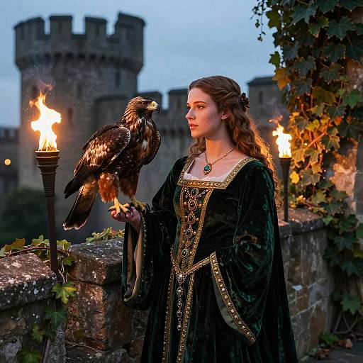 Photorealistic fantasy image: fair-skinned woman with long brown hair in medieval black gown holding a majestic hawk, torches glowing, castle towers in