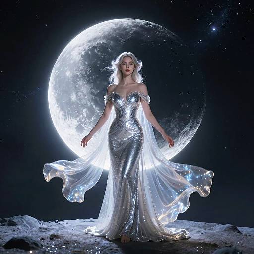 Moon Goddess in Silver Gown on Lunar Surface