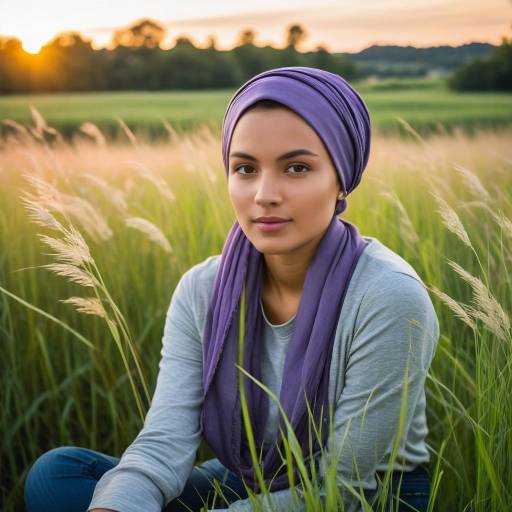Young Woman in Purple Headscarf Sitting in Field