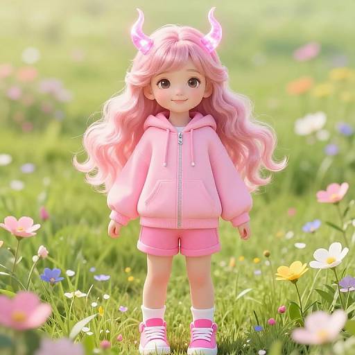 Ethereal Girl with Glowing Pink Horns