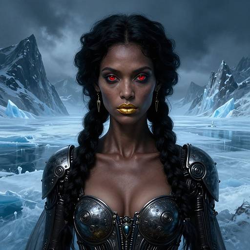 Digital artwork of a dark-skinned woman with glowing red eyes, gold lips, and braided hair, wearing a metallic, armored bust, standing in
