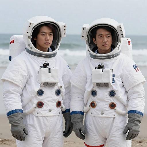 Astronaut Duo on Windy Beach