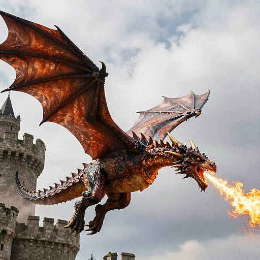 Photorealistic digital artwork of a fierce, orange-red dragon with glowing scales, large wings, and breathing fire, soaring above a medieval stone castle.