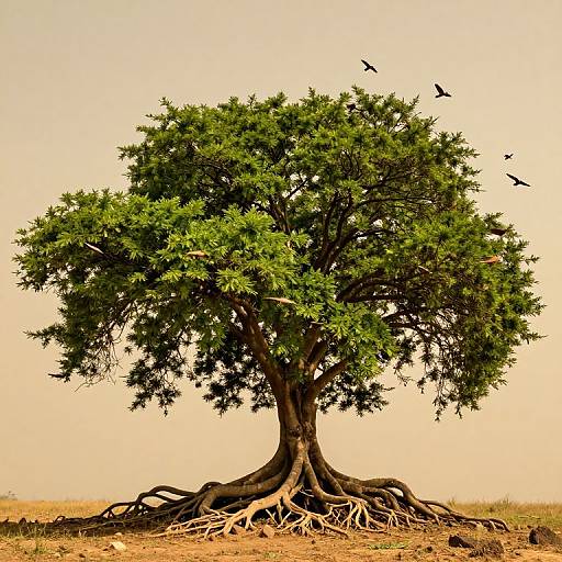 Gnarled Tree with Birds and Foliage