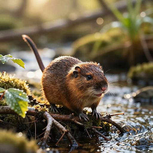 Photograph of a brown, fluffy, small rodent with a twitching tail and alert eyes, standing on mossy rocks by a sunlit,