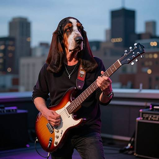 Basset Playing Guitar at Rooftop Rock Concert