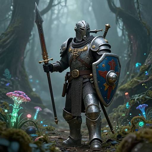 Digital artwork of a medieval knight in shiny silver armor, holding a sword and shield, standing in a mystical, bioluminescent forest.